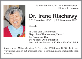 Traueranzeige von Irene Rischawy von Allgäuer Zeitung,Kempten