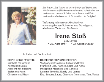Traueranzeige von Irene Stoß von Allgäuer Anzeigeblatt
