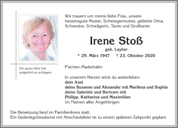 Traueranzeige von Irene Stoß von Allgäuer Anzeigeblatt