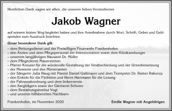 Traueranzeige von Jakob Wagner von Allgäuer Zeitung, Kaufbeuren/Buchloe