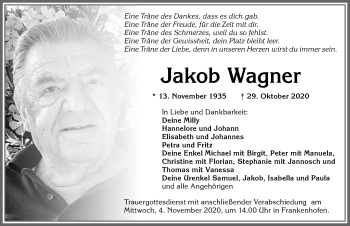 Traueranzeige von Jakob Wagner von Allgäuer Zeitung, Kaufbeuren/Buchloe