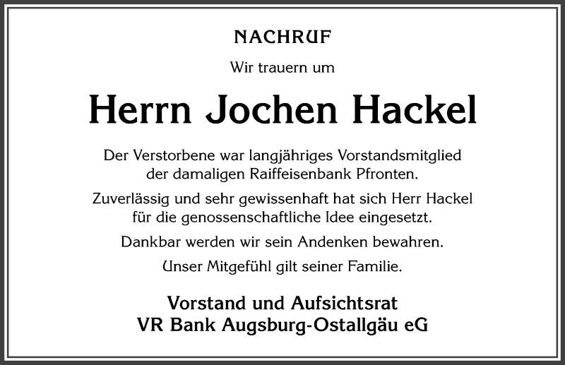  Traueranzeige für Jochen Hackel vom 16.11.2020 aus Allgäuer Zeitung, Füssen