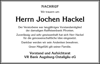 Traueranzeige von Jochen Hackel von Allgäuer Zeitung, Füssen