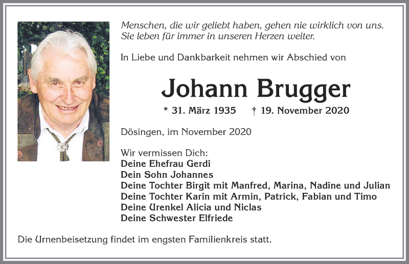  Traueranzeige für Johann Brugger vom 25.11.2020 aus Allgäuer Zeitung, Kaufbeuren/Buchloe