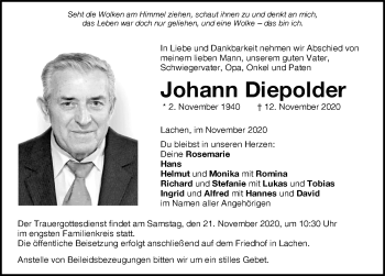 Traueranzeige von Johann Diepolder von Memminger Zeitung