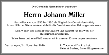 Traueranzeige von Johann Miller von Allgäuer Zeitung, Kaufbeuren/Buchloe