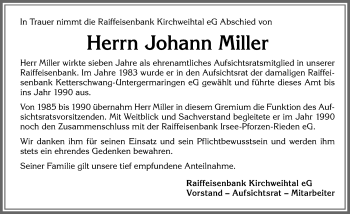 Traueranzeige von Johann Miller von Allgäuer Zeitung, Kaufbeuren/Buchloe