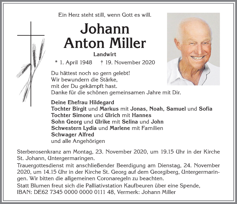  Traueranzeige für Johann Anton Miller vom 21.11.2020 aus Allgäuer Zeitung