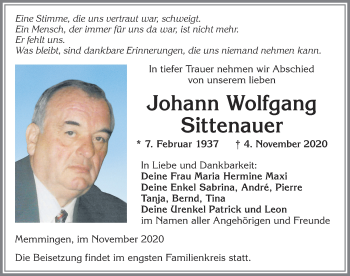 Traueranzeige von Johann Wolfgang Sittenauer von Allgäuer Zeitung, Füssen