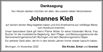 Traueranzeige von Johannes Kleß von Memminger Zeitung