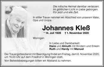Traueranzeige von Johannes Kleß von Memminger Zeitung