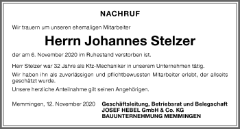 Traueranzeige von Johannes Stelzer von Memminger Zeitung