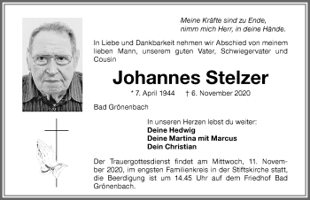Traueranzeige von Johannes Stelzer von Memminger Zeitung