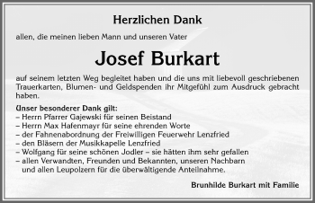 Traueranzeige von Josef Burkart von Allgäuer Zeitung,Kempten