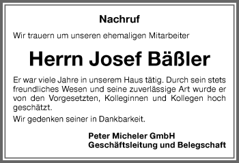 Traueranzeige von Josef Bäßler von Memminger Zeitung