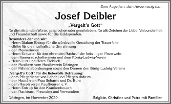 Traueranzeige von Josef Deibler von Allgäuer Zeitung, Kaufbeuren/Buchloe
