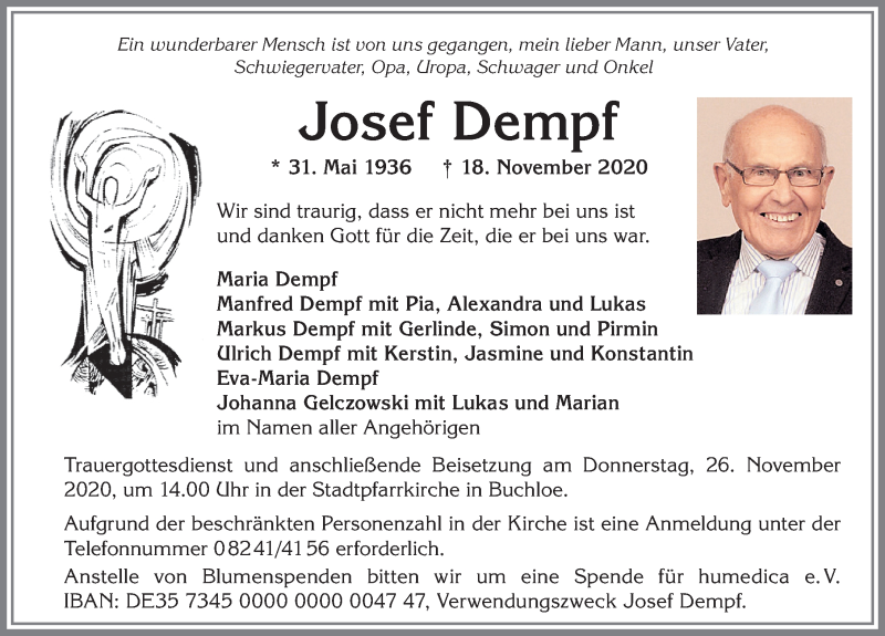  Traueranzeige für Josef Dempf vom 21.11.2020 aus Allgäuer Zeitung, Kaufbeuren/Buchloe