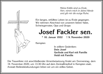 Traueranzeige von Josef Fackler von Allgäuer Zeitung,Kempten