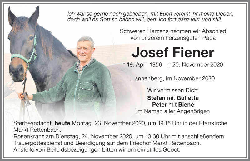  Traueranzeige für Josef Fiener vom 23.11.2020 aus Memminger Zeitung