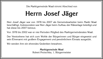 Traueranzeige von Josef Jäger von Allgäuer Zeitung, Kaufbeuren/Buchloe