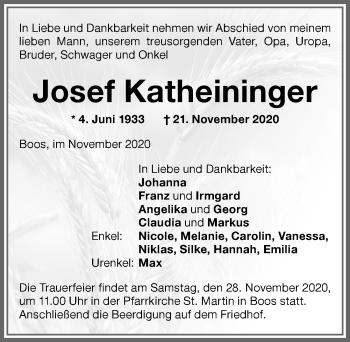 Traueranzeige von Josef Katheininger von Memminger Zeitung