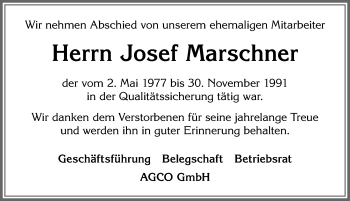 Traueranzeige von Josef Marschner von Allgäuer Zeitung, Marktoberdorf