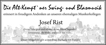 Traueranzeige von Josef Rist von Allgäuer Zeitung,Kempten