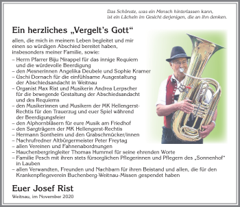 Traueranzeige von Josef Rist von Allgäuer Zeitung