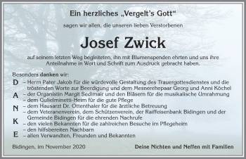 Traueranzeige von Josef Zwick von Allgäuer Zeitung