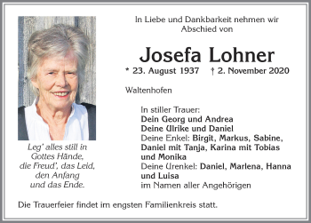 Traueranzeige von Josefa Lohner von Allgäuer Zeitung,Kempten