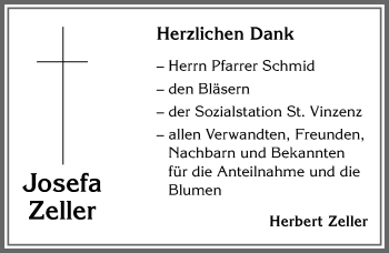 Traueranzeige von Josefa Zeller von Allgäuer Zeitung,Kempten