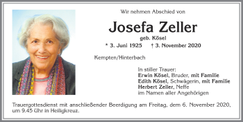 Traueranzeige von Josefa Zeller von Allgäuer Zeitung,Kempten