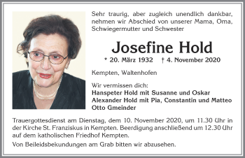 Traueranzeige von Josefine Hold von Allgäuer Zeitung,Kempten