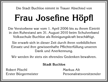Traueranzeige von Josefine Höpfl von Allgäuer Zeitung, Kaufbeuren/Buchloe