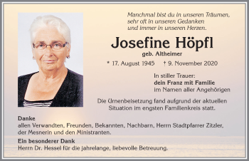Traueranzeige von Josefine Höpfl von Allgäuer Zeitung, Kaufbeuren/Buchloe