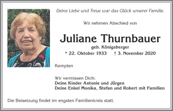 Traueranzeige von Juliane Thurnbauer von Allgäuer Zeitung,Kempten