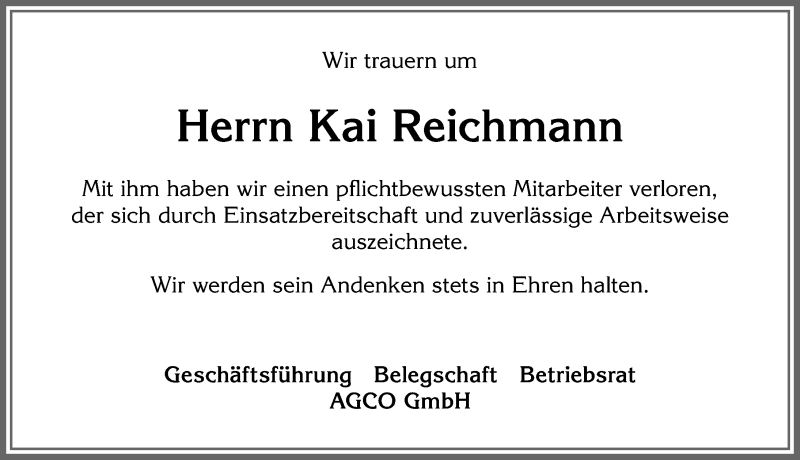  Traueranzeige für Kai Reichmann vom 07.11.2020 aus Allgäuer Zeitung, Marktoberdorf