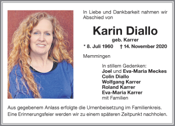 Traueranzeige von Karin Diallo von Memminger Zeitung
