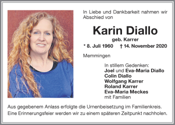 Traueranzeige von Karin Diallo von Memminger Zeitung