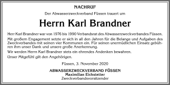 Traueranzeige von Karl Brandner von Allgäuer Zeitung, Füssen
