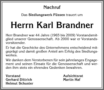 Traueranzeige von Karl Brandner von Allgäuer Zeitung, Füssen
