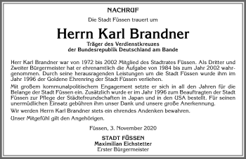Traueranzeige von Karl Brandner von Allgäuer Zeitung, Füssen