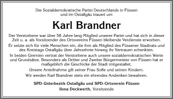 Traueranzeige von Karl Brandner von Allgäuer Zeitung, Füssen