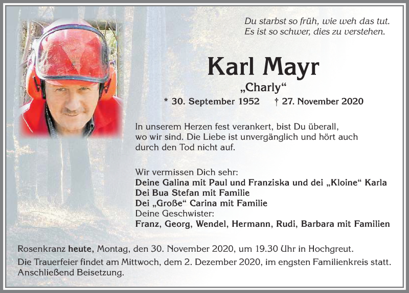  Traueranzeige für Karl Mayr vom 30.11.2020 aus Allgäuer Zeitung,Kempten