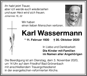 Traueranzeige von Karl Wassermann von Memminger Zeitung