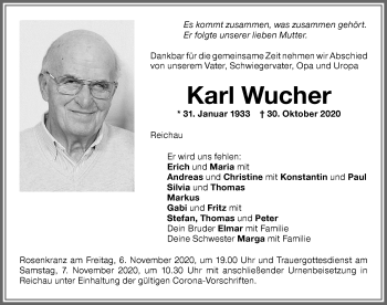 Traueranzeige von Karl Wucher von Memminger Zeitung