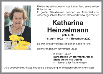 Traueranzeige von Katharina Heinzelmann von Memminger Zeitung