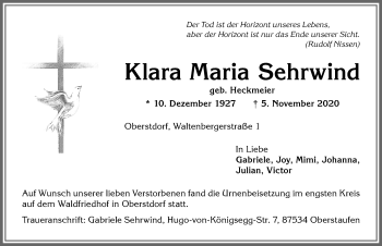 Traueranzeige von Klara Maria Sehrwind von Allgäuer Anzeigeblatt