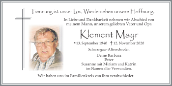 Traueranzeige von Klement Mayr von Allgäuer Zeitung, Füssen