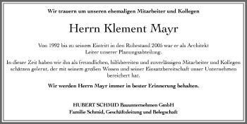 Traueranzeige von Klement Mayr von Allgäuer Zeitung, Füssen